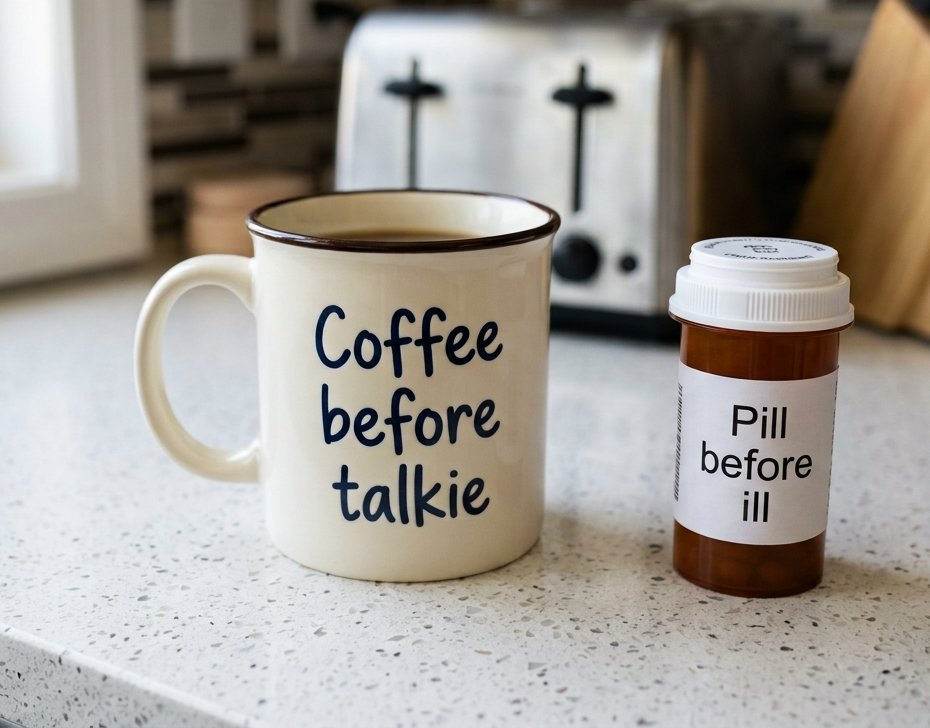 A mug reading Coffee before talkie beside an amber prescription bottle labelled Pill before ill, on a kitchen counter