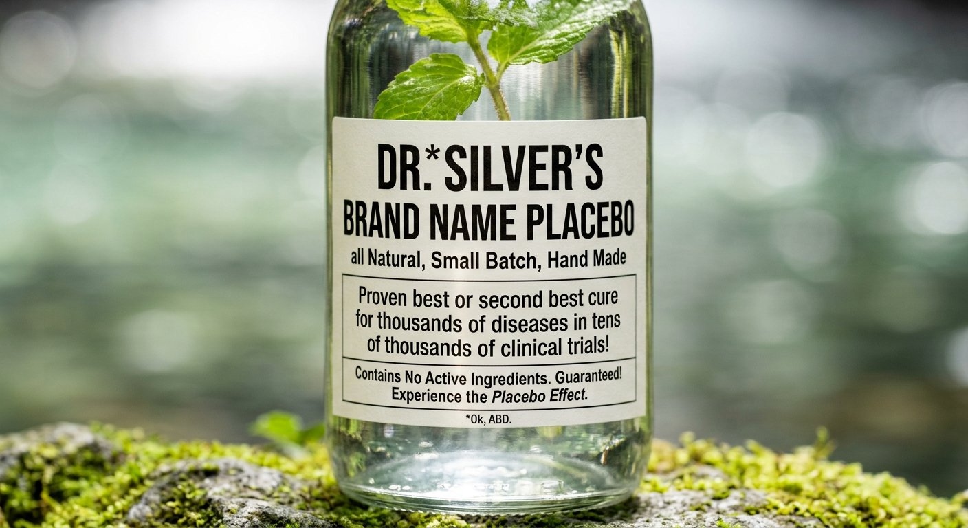 A corked glass bottle with a sprig of mint, labelled Dr. Silver's Brand Name Placebo, on a mossy rock before a rainforest waterfall