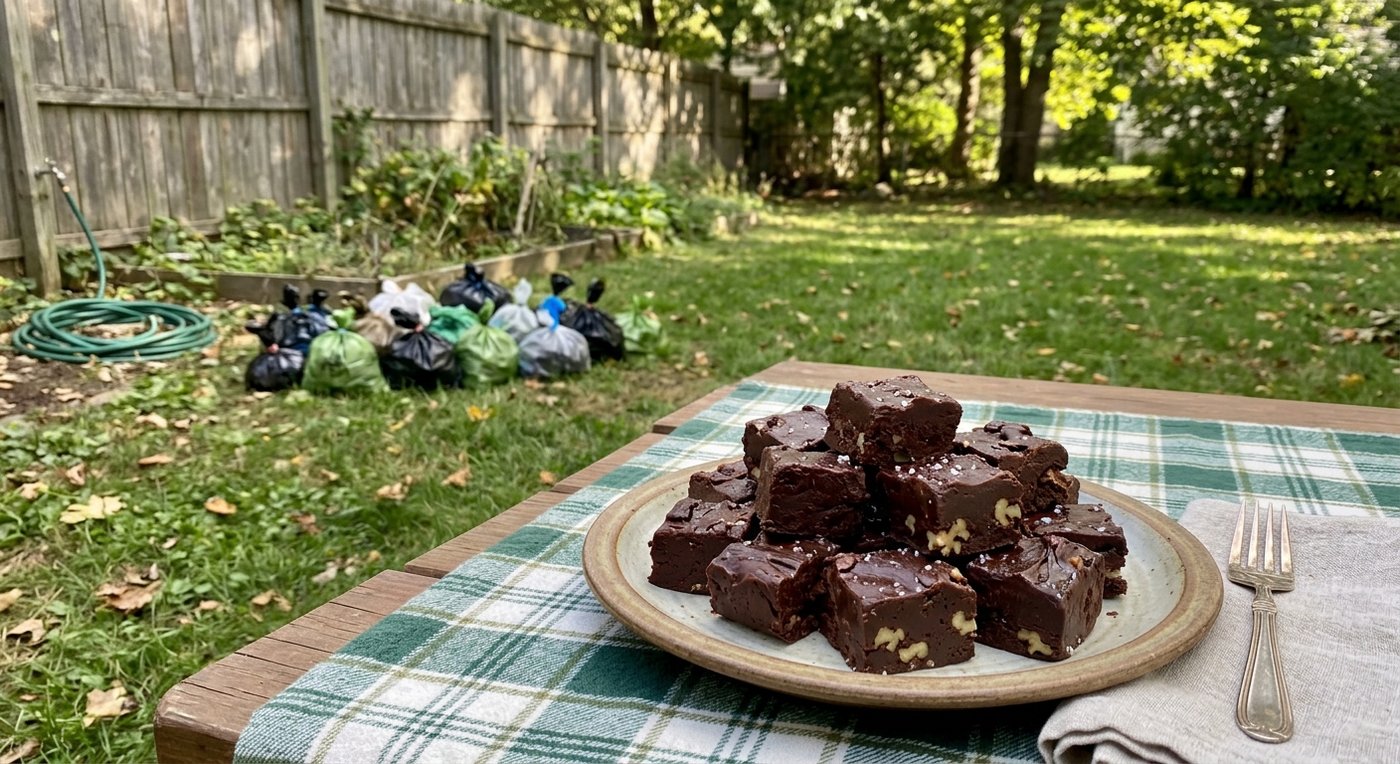 A plate of walnut fudge on a picnic table; in the background, a row of knotted dog-waste bags by the fence