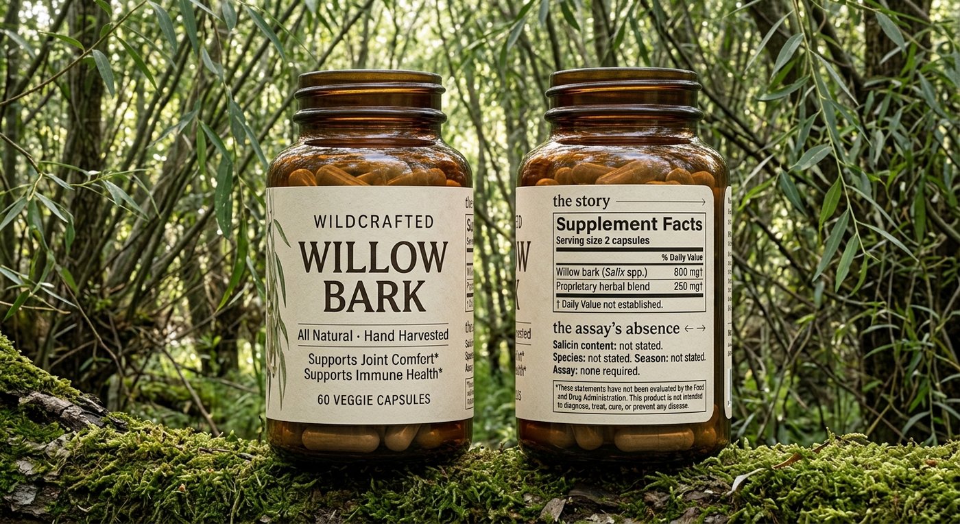 Two amber bottles of Wildcrafted Willow Bark capsules in a willow grove, front label and back label showing the Supplement Facts panel and FDA disclaimer